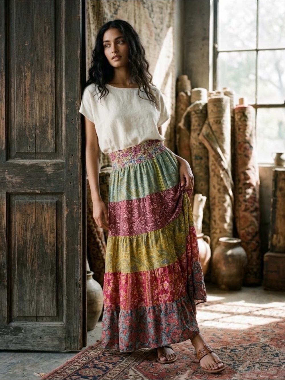 Bohemian Tiered Maxi Skirt in Multicolor Patchwork